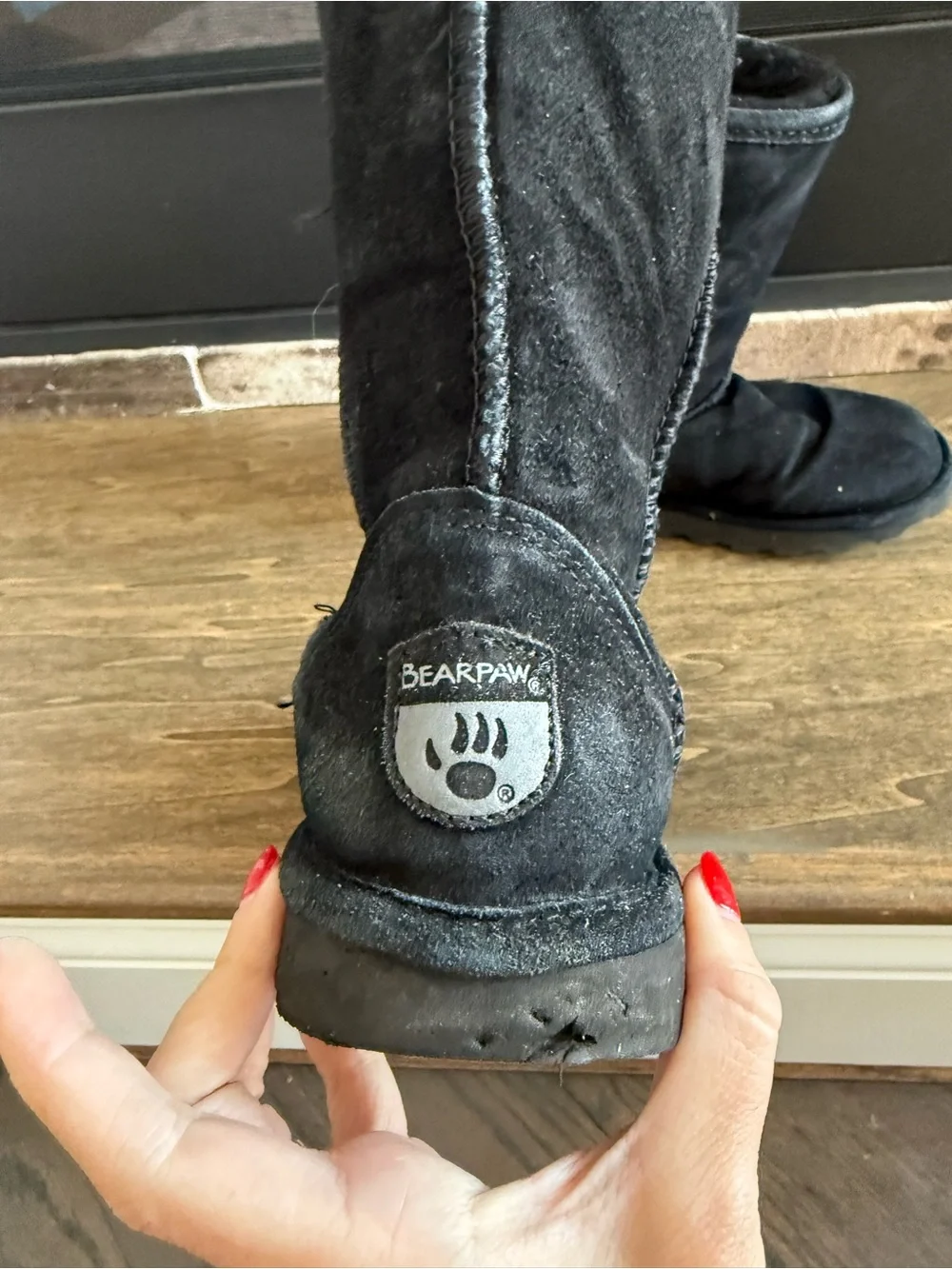 BEARPAW Suede Shearling Lined Mid-Calf Slip-On Boots Black Women’s US 6